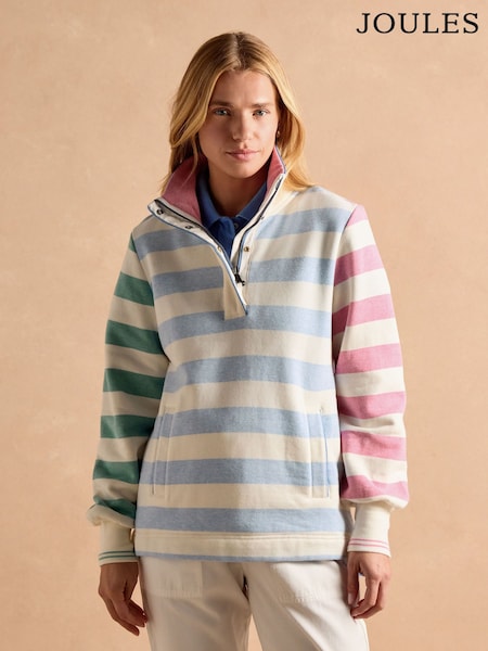 Joules Burnham White & Blue Stripe Cotton Funnel Neck Quarter Zip Sweatshirt (E22856) | kr1 000