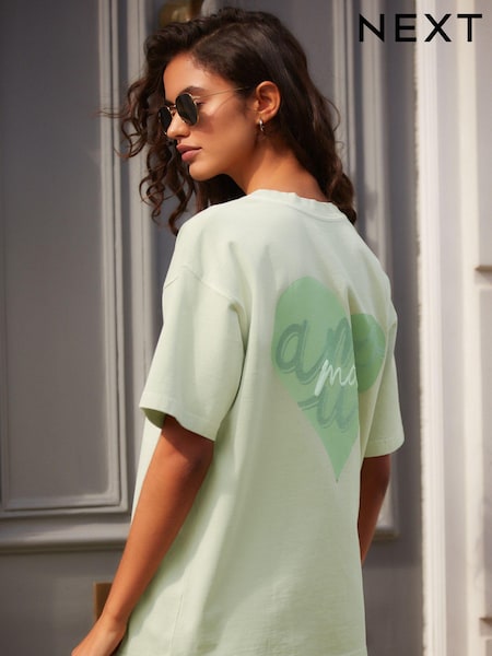 Green Washed Graphic Amour Moi Love Heart T-Shirt (E22863) | €21