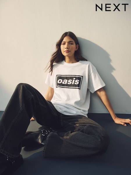 Valkoinen/Musta 90Graphic - 100% puuvillan virallisen lisenssin Oasis Band Relaxed Fit T-paita (E22870) | €39