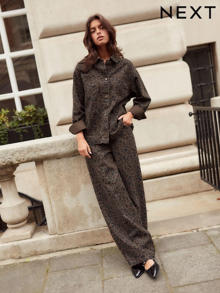 Leopard Printed 100% Cotton Wide Leg Jeans (E22921) | €33