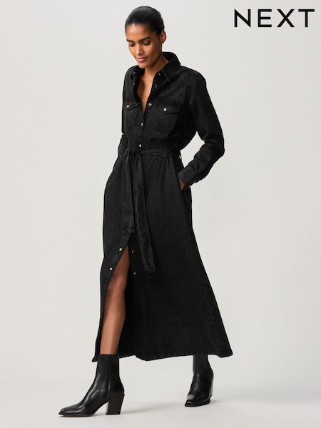 Black Tiered Seam Front Denim 100% Cotton Midi Dress (E22922) | €70.50
