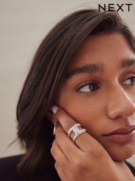 Silver ton - Interlink Sparkle Ring (E22961) | kr150