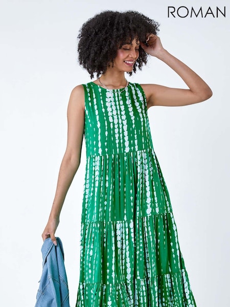 Roman Green Tie Dye Print Sleeveless Smock Dress (E23033) | €53