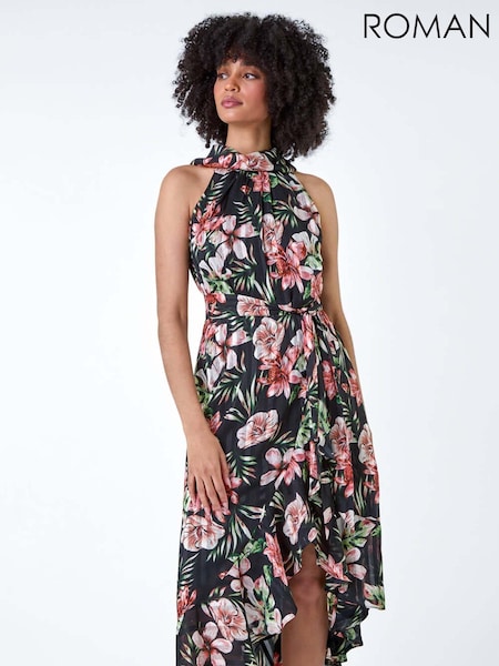 Roman Black Metallic Foil Floral Halter Neck Midi Dress (E23035) | €42