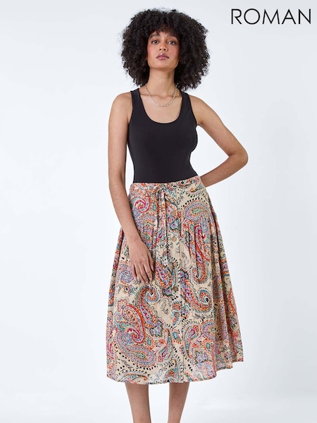 Roman Black 100% Cotton Paisley Boho Midi Skirt (E23046) | €20