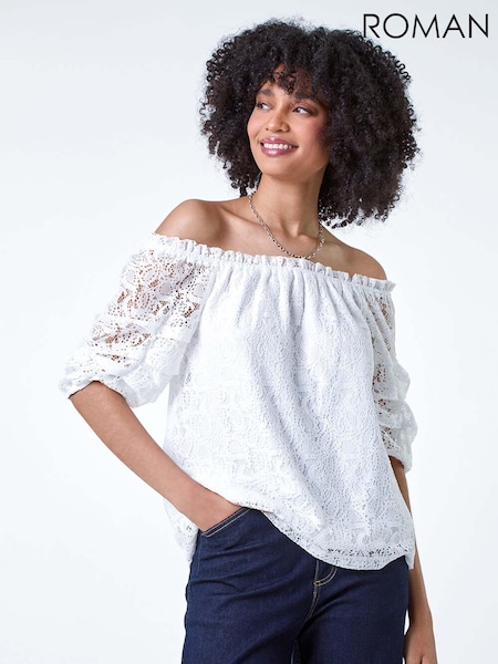 Roman White Lace Ruched Sleeve Bardot Top (E23050) | R$ 385