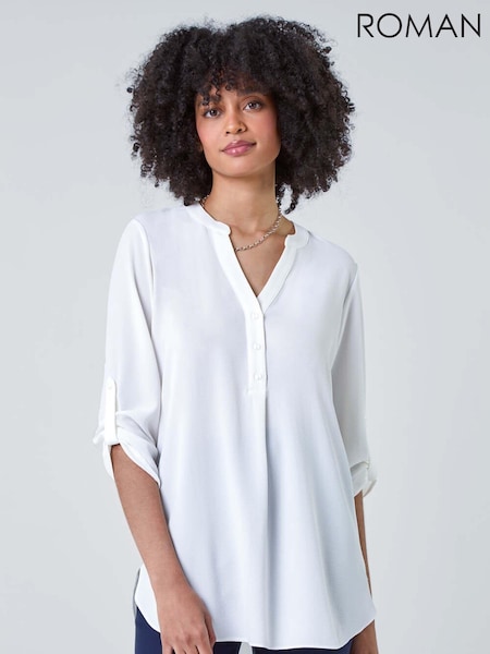 Roman White Longline Tunic Stretch Blouse (E23056) | ₪220