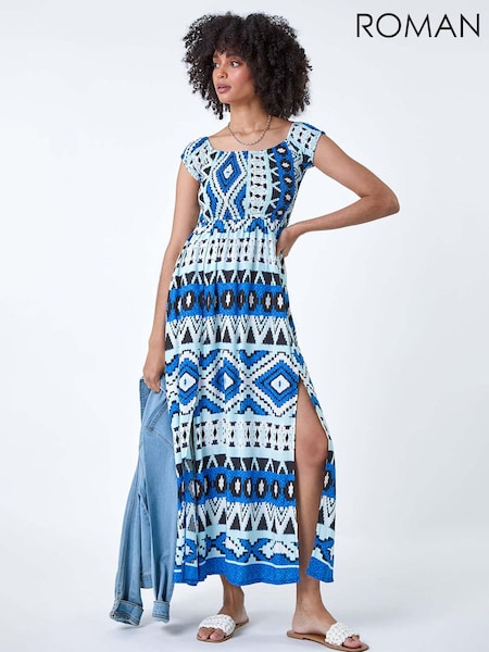 Roman Blue Aztec Style Shirred Bardot Maxi Dress (E23057) | R$ 510