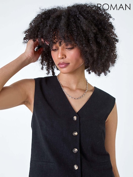 Roman Black Linen Blend Button Through Waistcoat (E23062) | €27