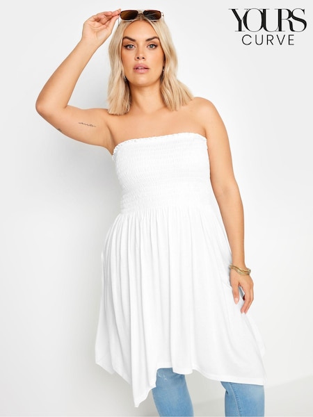 Yours Curve White Shirred Hanky Hem Top (E23075) | €25