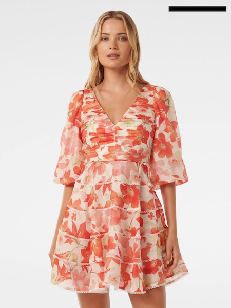 Forever New Cindy Tiered Floral Skater Dress with A Touch of Linen (E23272) | 358 LEI