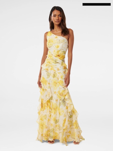 Forever New Yellow Belle Petite One Shoulder Ruffle Gown with A Touch of Linen (E23273) | €70