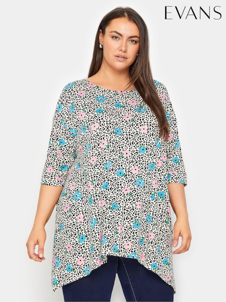 Evans Grey Floral Hanky Hem Top (E23279) | €50