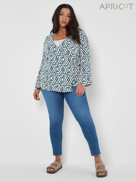 Apricot Green Retro Geo Bell Sleeve Wrap Top (E23298) | €21.50