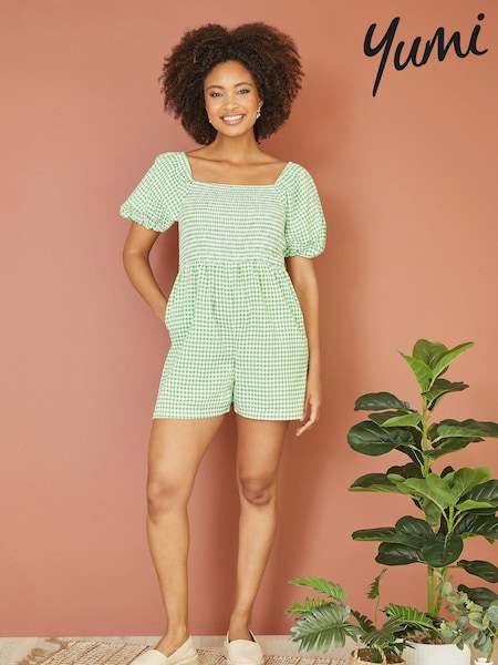 Yumi 100% Cotton Gingham Puff Sleeve Playsuit (E23450) | 161 LEI