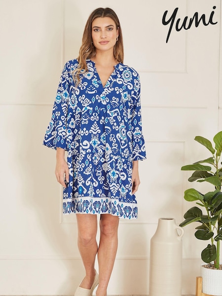 Yumi Blue Ikat Print 3/4 Sleeve Tunic Dress (E23452) | ₪201