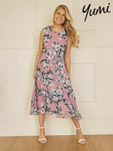 Розовый - Yumi Watercolour Floral Midi Skater Dress (E23455) | €73