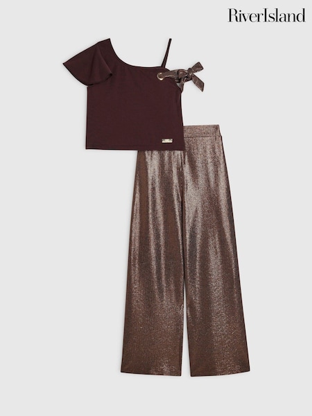 Brown - River Island Metallic Asymmetric Top & Trouser Set
