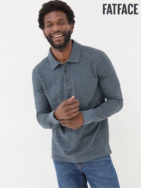 FatFace Navy Herringbone Long Sleeve Polo Shirt (E23543) | €31.50