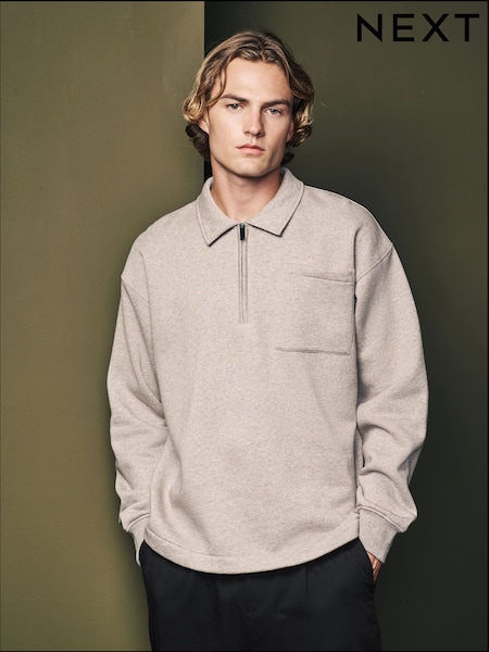 Ecru Natural Jersey Cotton Rich Quarter Zip Sweatshirt (E23561) | AED65