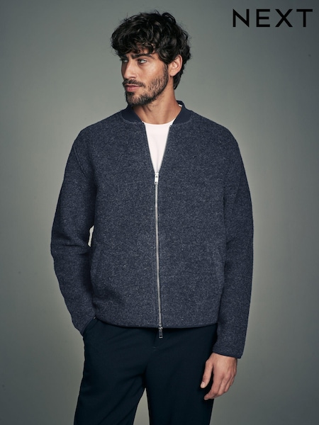 Navy Blue Wool Blend Fleece Bomber Jacket (E23569) | LEI 236