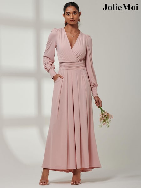 Jolie Moi Pink Chrome Giulia Long Sleeve Maxi Dress (E23571) | 440 QAR