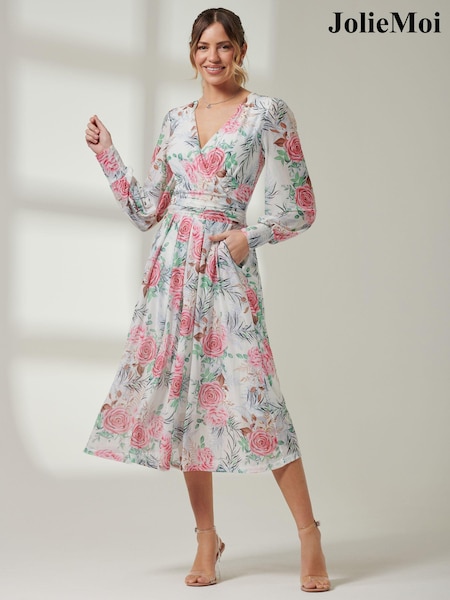 Jolie Moi White/Pink Long sleeve Floral Print Dress (E23576) | €46