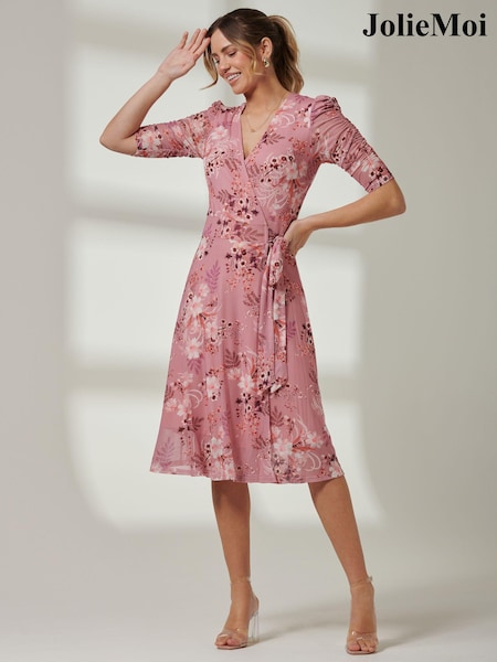 Jolie Moi Pink Front Wrap Mesh Midi Dress (E23577) | €30