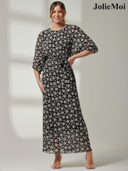 Jolie Moi Black Pleated Waist Tie Chiffon Maxi Dress (E23586) | €34