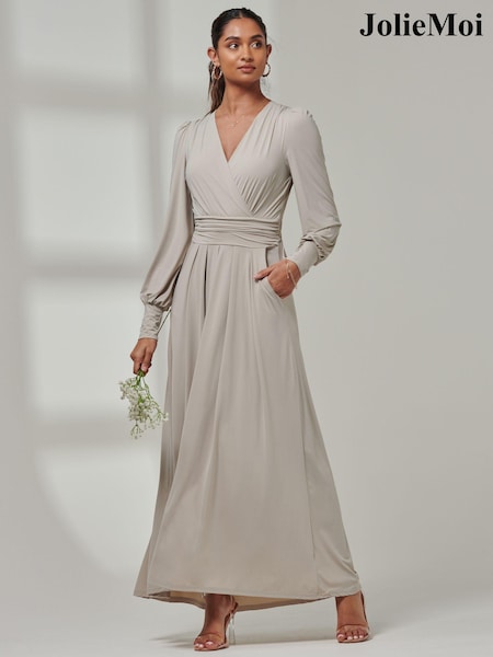 Jolie Moi Grey Giulia Long Sleeve Maxi Dress (E23587) | 220 QAR