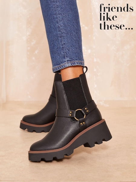 Friends Like These Black Wedge Heel Chunky Biker Faux Leather Ankle Boots (E23616) | ₪226