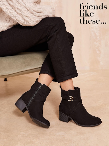 Friends Like These Black Low Block Heel Ankle Buckle Faux Suede Boots (E23617) | €60