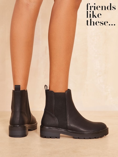 Friends Like These Black Wide Fit Flat Chunky Casual Faux Leather Chelsea Boot (E23619) | €29