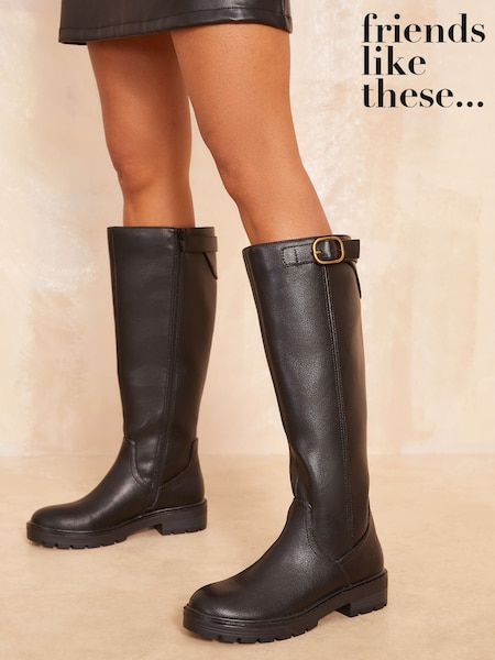 Friends Like These Black Flat Buckle Strap High Leg Faux Leather Boot (E23627) | AED163