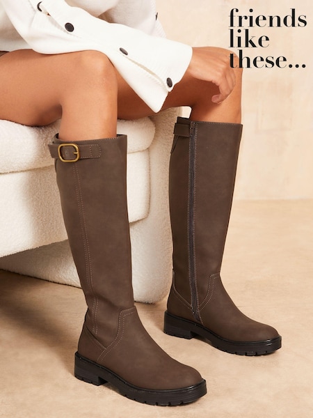 Friends Like These Brown Flat Buckle Strap High Leg Faux Leather Boot (E23628) | AED163