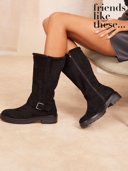 Friends Like These Black Buckle Detail Faux Fur Lining High Leg Boot (E23632) | AED160