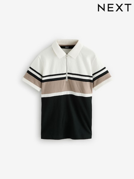 Black/Ecru 100% Cotton Quarter Zip Colourblock Short Sleeve Polo Shirt (3-16yrs) (E23634) | €13 - €17