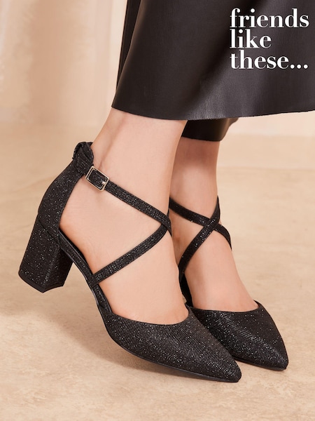 Friends Like These Black Glitter Cross Strap Mid Block Heel Court Shoes (E23639) | €15.50