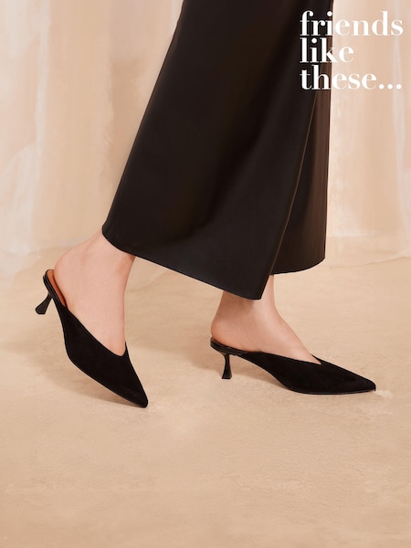 Friends Like These Black Kitten Heel Pointed Toe Mule Faux Suede Court Shoes (E23642) | €14.50
