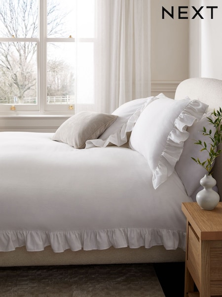 White 100% Cotton Supersoft Brushed Frill Duvet Cover and Pillowcase Set (E23651) | €31 - €64
