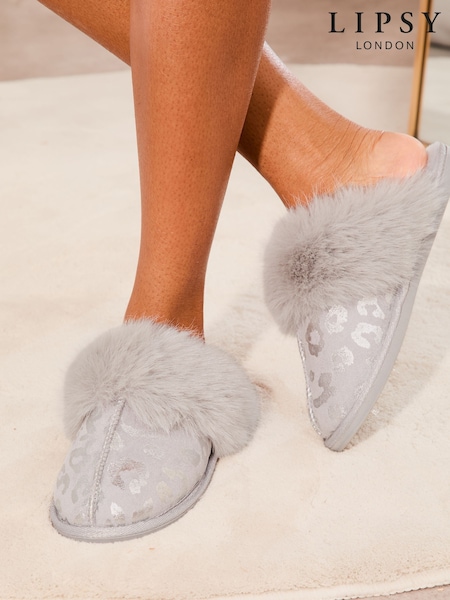 Lipsy Grey Super Soft Leopard Mule Faux Fur Nightwear Slippers (E23658) | R$ 190