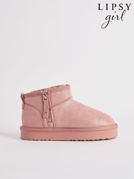 Lipsy Pink Flatform Mule Side Zip Faux Fur Suede Lined Ultra Soft Bootie (E23666) | AED86 - AED97