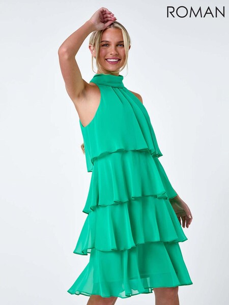 Roman Green Tie Neck Tiered Dress (E23675) | 3,304 UAH