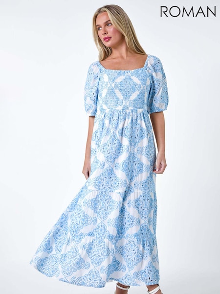 Roman Blue 100% Cotton Embroidered Shirred Maxi Dress (E23677) | R$ 785