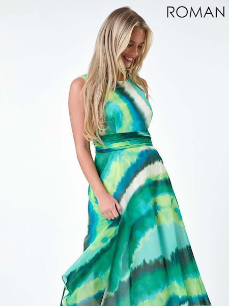 Verde - Rochie midi fără mâneci cu imprimeu abstract Roman (E23679) | 447 LEI