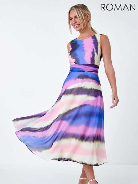Roman Purple Sleeveless Abstract Print Midi Dress (E23694) | 297 QAR