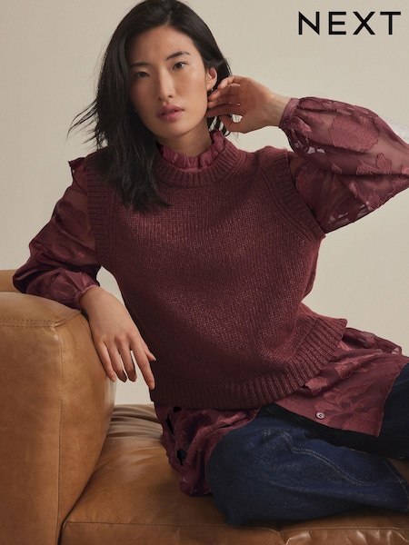 בורדו אדום - Collared Shirt Layer Knitted Tank With Wool (E23743) | ‏164‏₪