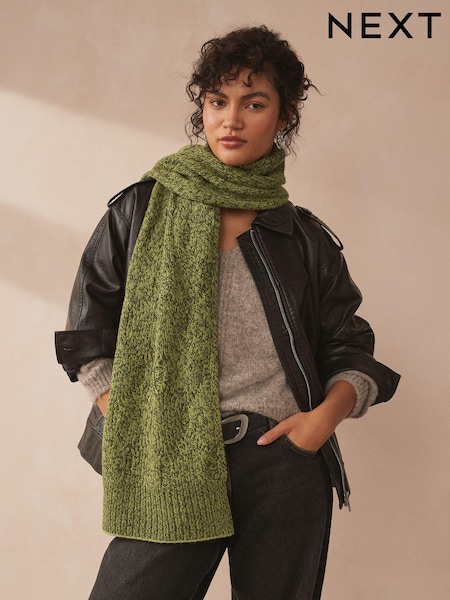 Green Khaki Olive Soft Touch Co-ord Cable Knitted Scarf with Wool (E23770) | €13