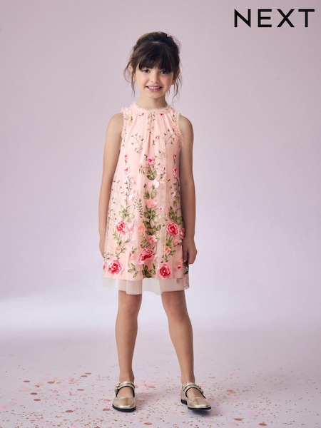 Pink Embroidered Mesh Dress (3-16yrs) (E23791) | 257 QAR - 287 QAR