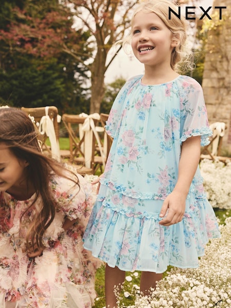 أزرق مشجر - Angel Sleeve Chiffon Dress (3-16yrs) (E23795) | ‏137 ر.س.‏ - ‏173 ر.س.‏